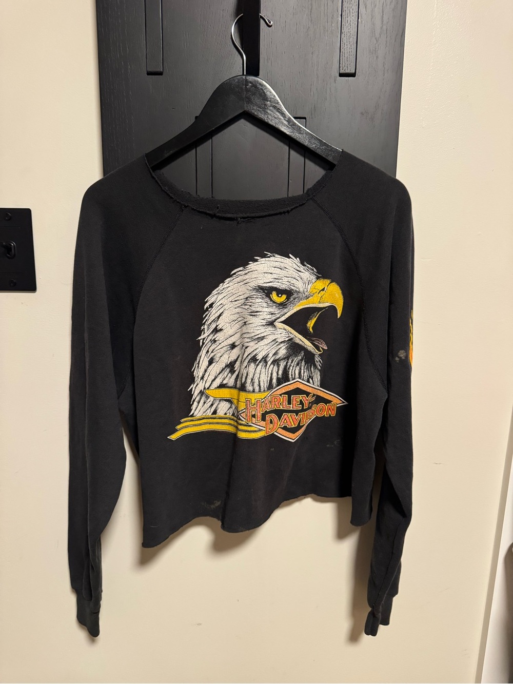 Harley-Davidson Black Sweatshirt with Yellow & White Eagle Graphic Flame Sleeves